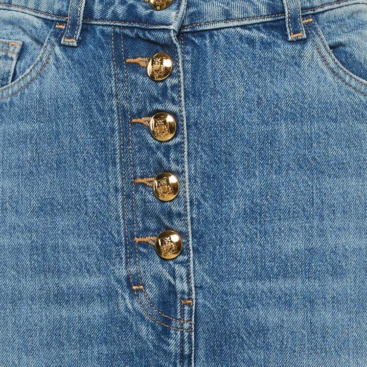 Pre Owned Elisabetta Franchi Blue Denim Fringe Maxi Skirt M