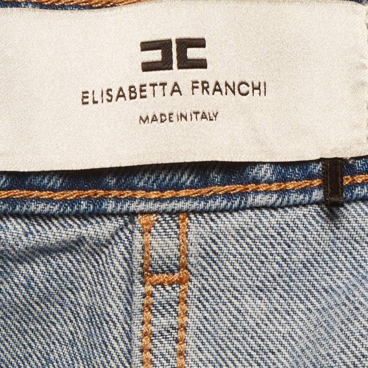 Pre Owned Elisabetta Franchi Blue Denim Fringe Maxi Skirt M