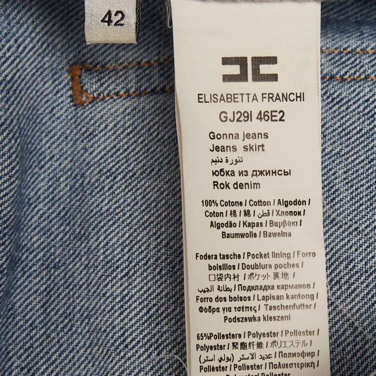 Pre Owned Elisabetta Franchi Blue Denim Fringe Maxi Skirt M