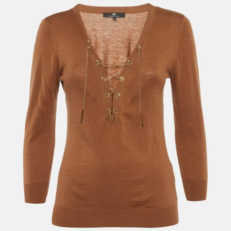 Pre Owned Elisabetta Franchi Brown Knit Chain Lace-Up Top M