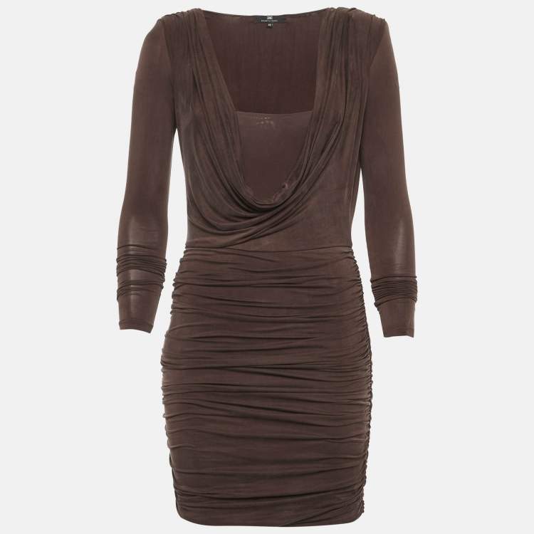 Pre Owned Elisabetta Franchi Brown Jersey Ruche Mini Dress S
