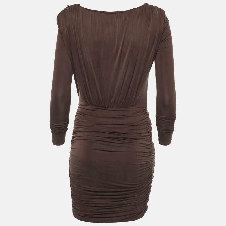 Pre Owned Elisabetta Franchi Brown Jersey Ruche Mini Dress S