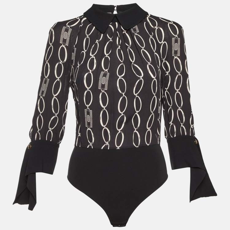 Pre Owned Elisabetta Franchi Black Logo Chain Print Crepe Long Sleeve Bodysuit M