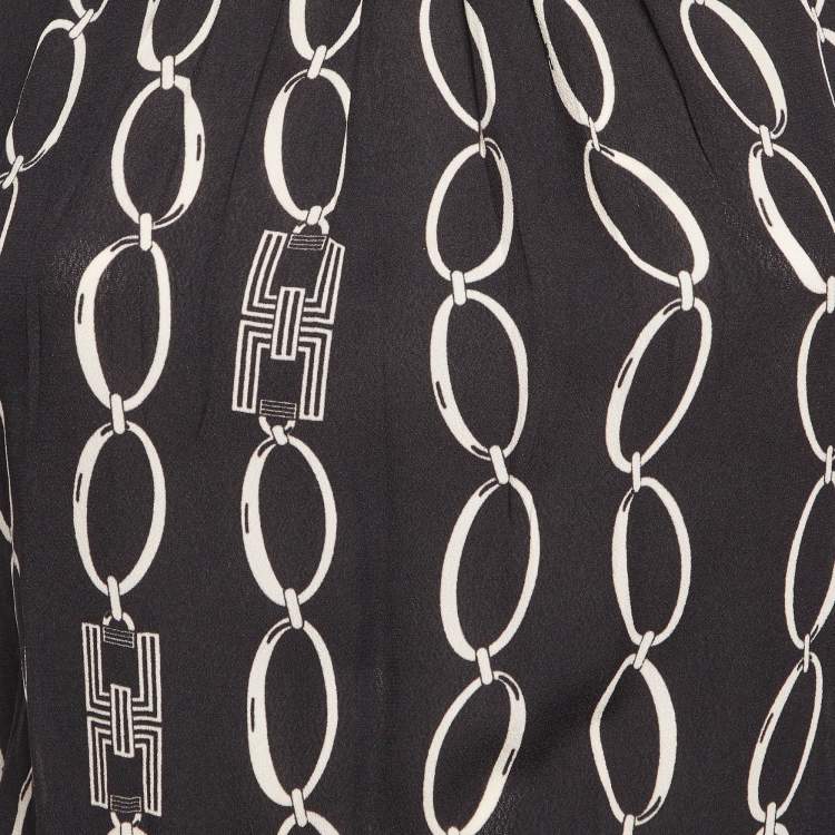 Pre Owned Elisabetta Franchi Black Logo Chain Print Crepe Long Sleeve Bodysuit M