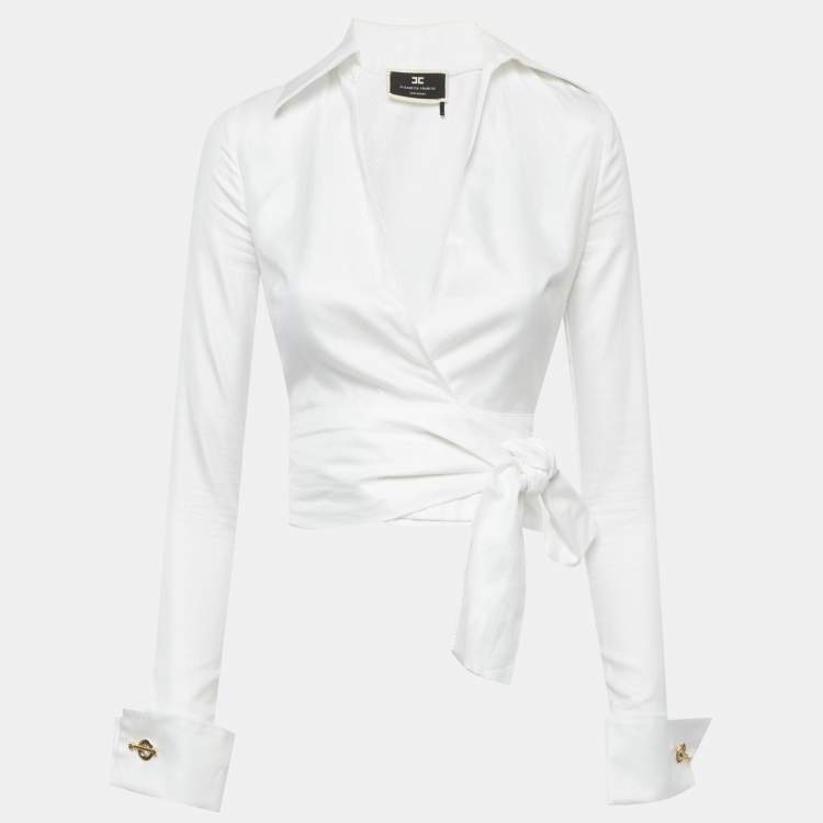 Pre Owned Elisabetta Franchi White Patterned Cotton Wrap Shirt S