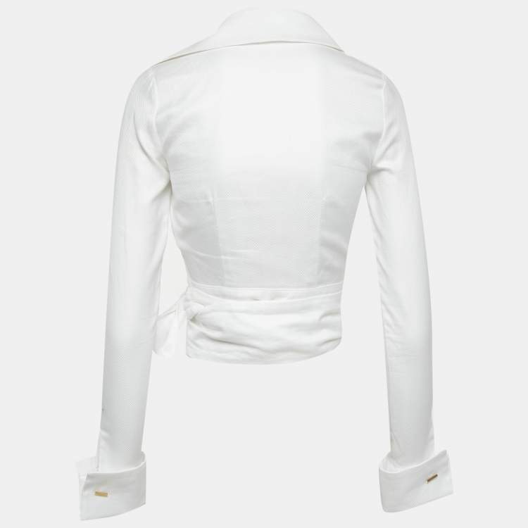 Pre Owned Elisabetta Franchi White Patterned Cotton Wrap Shirt S