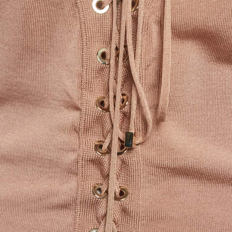 Pre Owned Elisabetta Franchi Beige Stretch Knit Halter Neck Top M