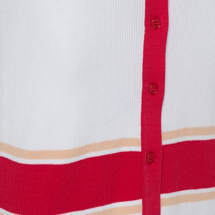 Pre Owned Elisabetta Franchi White Rib Knit Contrast Detail Belted Button Front Dress M