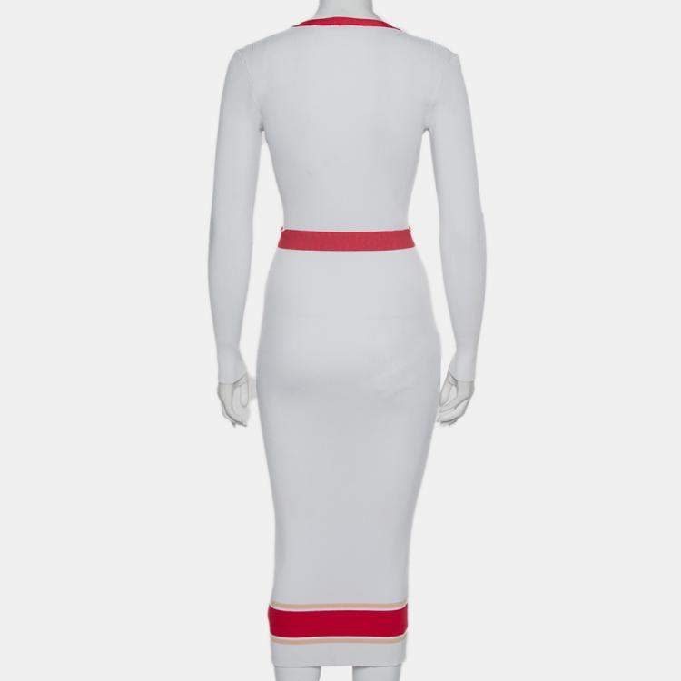 Pre Owned Elisabetta Franchi White Rib Knit Contrast Detail Belted Button Front Dress M