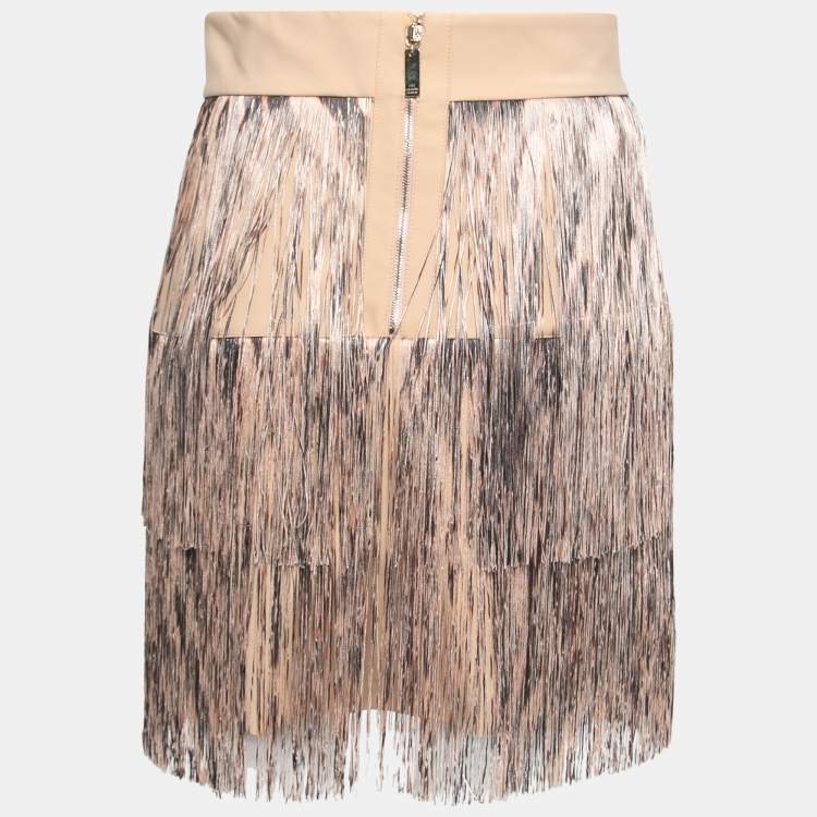 Pre Owned Elisabetta Franchi Beige Knit Fringed Mini Skirt M