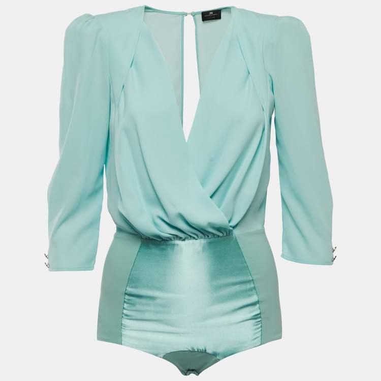 Pre Owned Elisabetta Franchi Blue Crepe & Jersey Draped Long Sleeve Bodysuit M