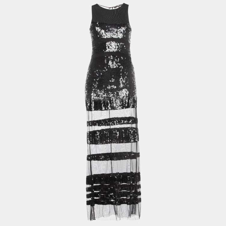 Pre Owned Elisabetta Franchi Black Striped Sequined Mesh Sleeveless Long Dress L