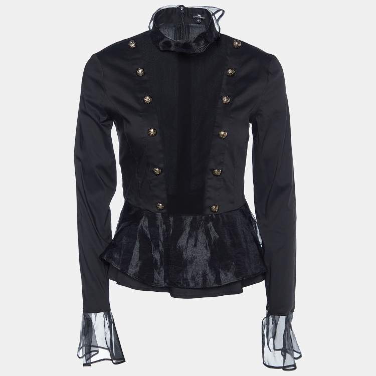 Pre Owned Elisabetta Franchi Black Cotton & Organza Trim Top M