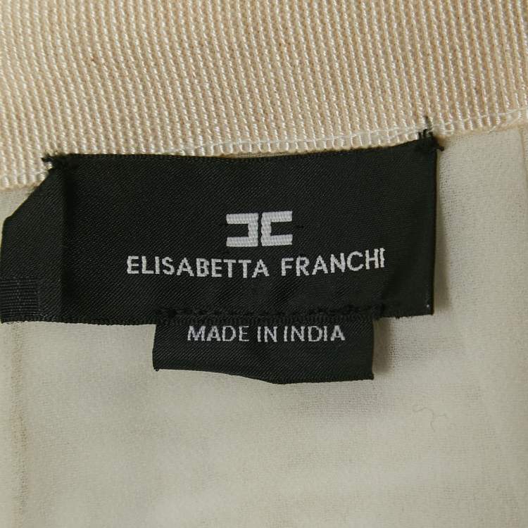 Pre Owned Elisabetta Franchi White Tweed Chain Embellished Fringed Skirt S