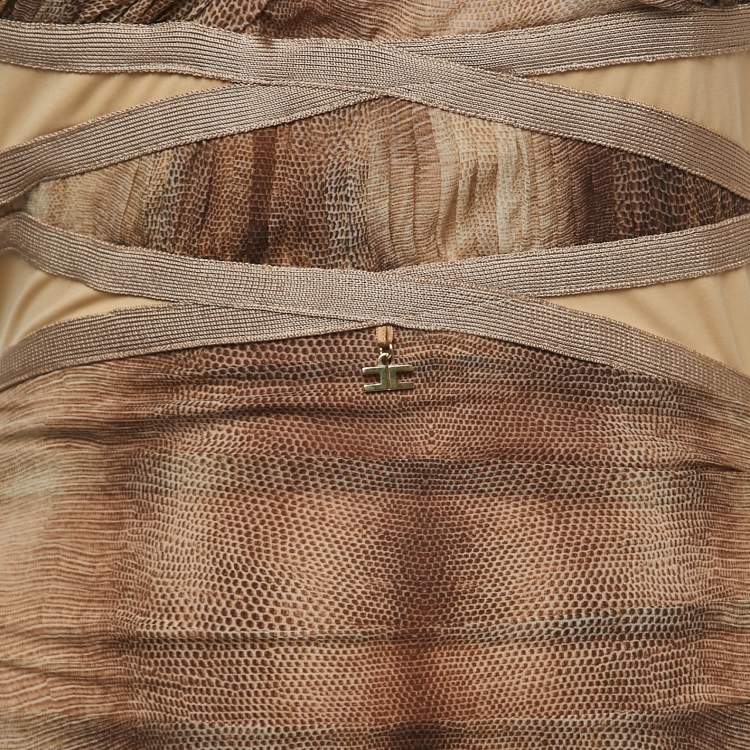 Pre Owned Elisabetta Franchi Beige/Brown Silk Corset Insert Ruched Strapless Mini Dress S