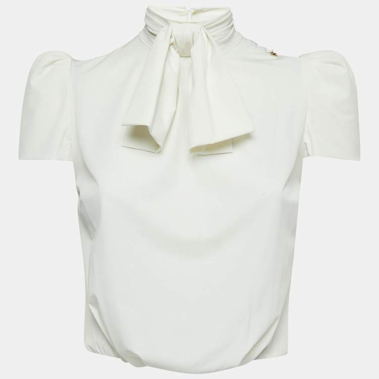 Pre Owned Elisabetta Franchi Off White Stretch Crepe Neck Bow Detailed Bodysuit S