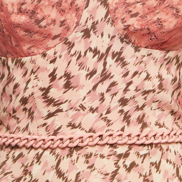 Pre Owned Elisabetta Franchi Light Pink Print Crepe Lace Trimmed Strappy Midi Dress S