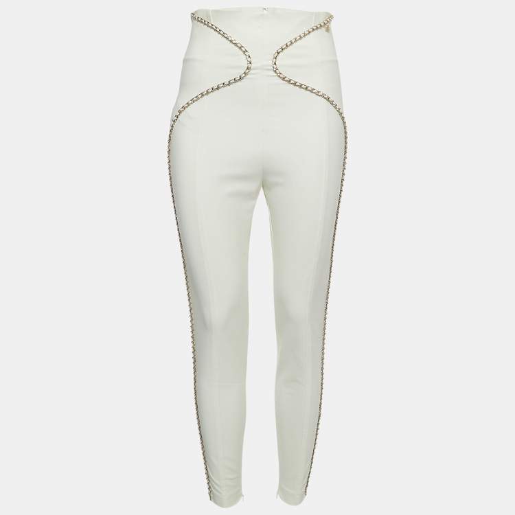 Pre Owned Elisabetta Franchi Off White Stretch Nylon Chain Detailed  Skinny  Fit Trousers M