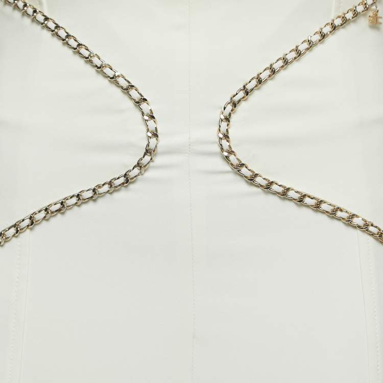 Pre Owned Elisabetta Franchi Off White Stretch Nylon Chain Detailed  Skinny  Fit Trousers M