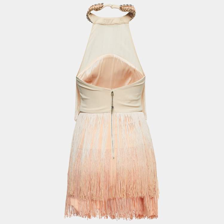 Pre Owned Elisabetta Franchi Orange Nylon Embellished Halter Neck Fringed Mini Dress S