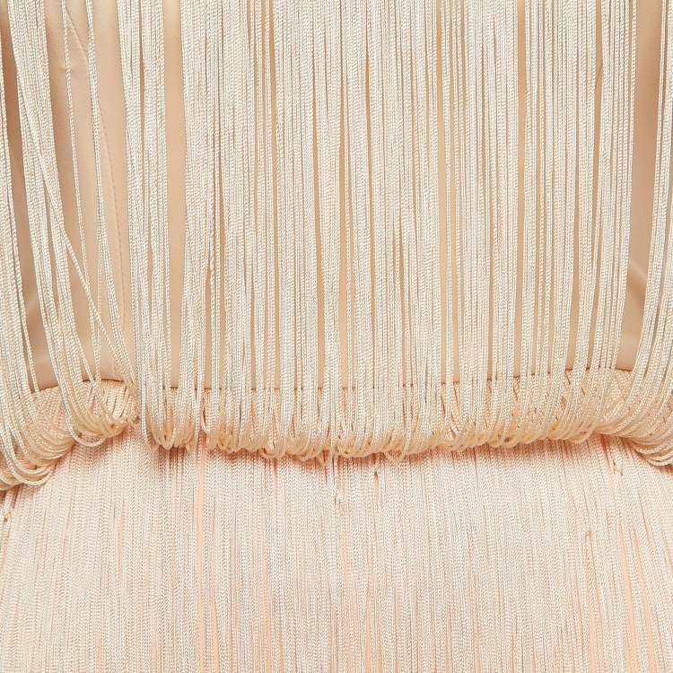 Pre Owned Elisabetta Franchi Orange Nylon Embellished Halter Neck Fringed Mini Dress S