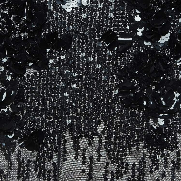 Pre Owned Elisabetta Franchi Black Floral Sequined Tulle Bodysuit S