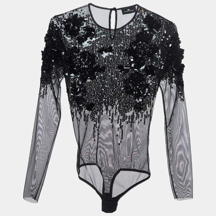 Pre Owned Elisabetta Franchi Black Floral Sequined Tulle Bodysuit S