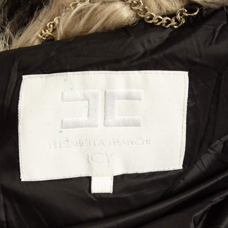 Pre Owned Elisabetta Franchi Black Quilted Nylon Faux Fur Trimmed Zip Front Padded Jacket L