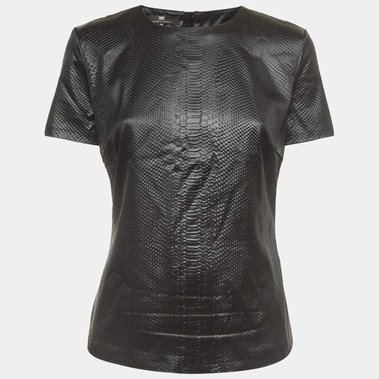 Pre Owned Elisabetta Franchi Black Snake Textured Jacquard Top L