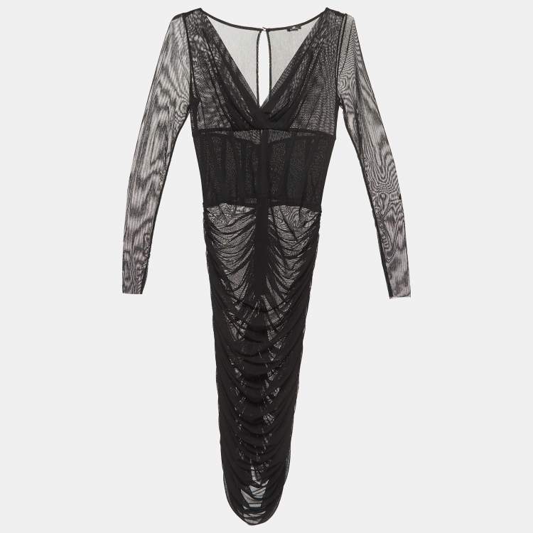 Pre Owned Elisabetta Franchi Black Ruched Mesh Midi Dress M