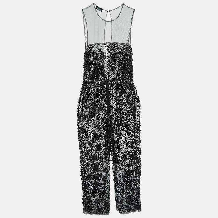 Pre Owned Elisabetta Franchi Black Sequin Embellished Tulle Jumpsuit M