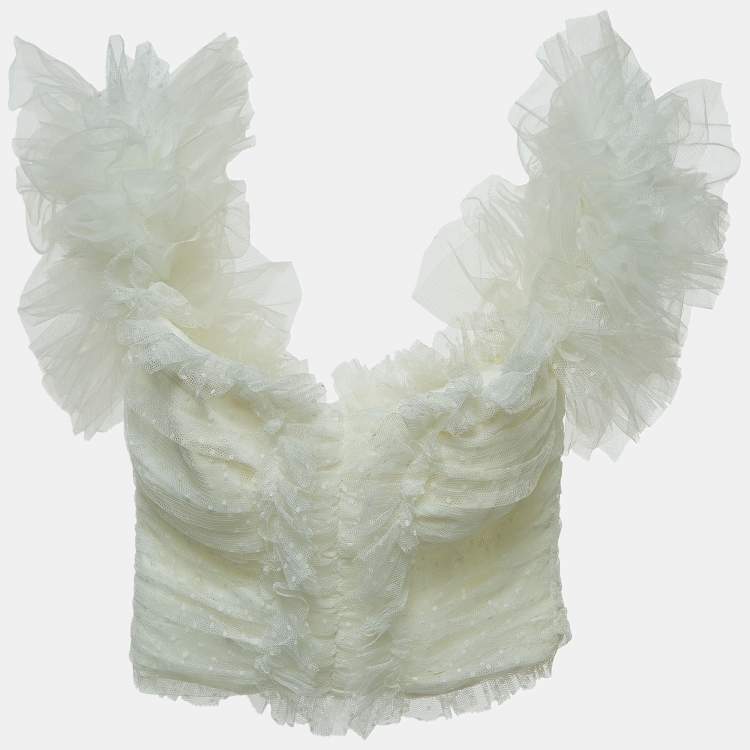 Pre Owned Elisabetta Franchi White Tulle Ruched Off Shoulder Crop Top M