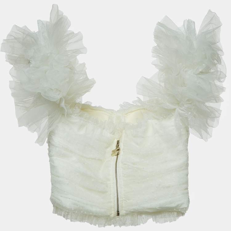 Pre Owned Elisabetta Franchi White Tulle Ruched Off Shoulder Crop Top M