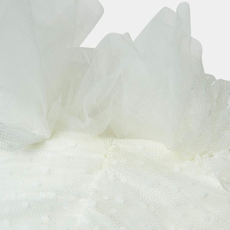 Pre Owned Elisabetta Franchi White Tulle Ruched Off Shoulder Crop Top M