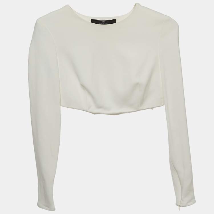 Pre Owned Elisabetta Franchi Off-White Crepe Long Sleeve Crop Top S