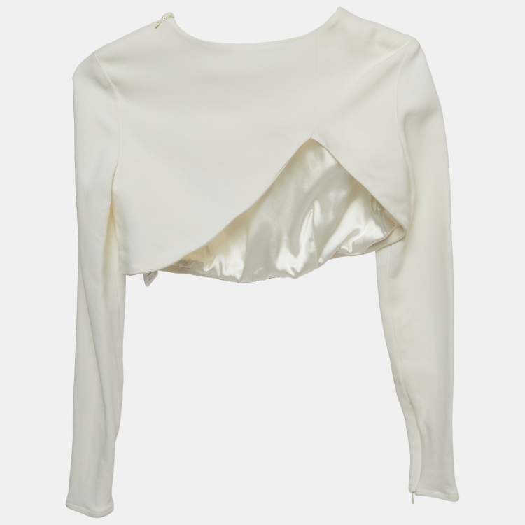 Pre Owned Elisabetta Franchi Off-White Crepe Long Sleeve Crop Top S