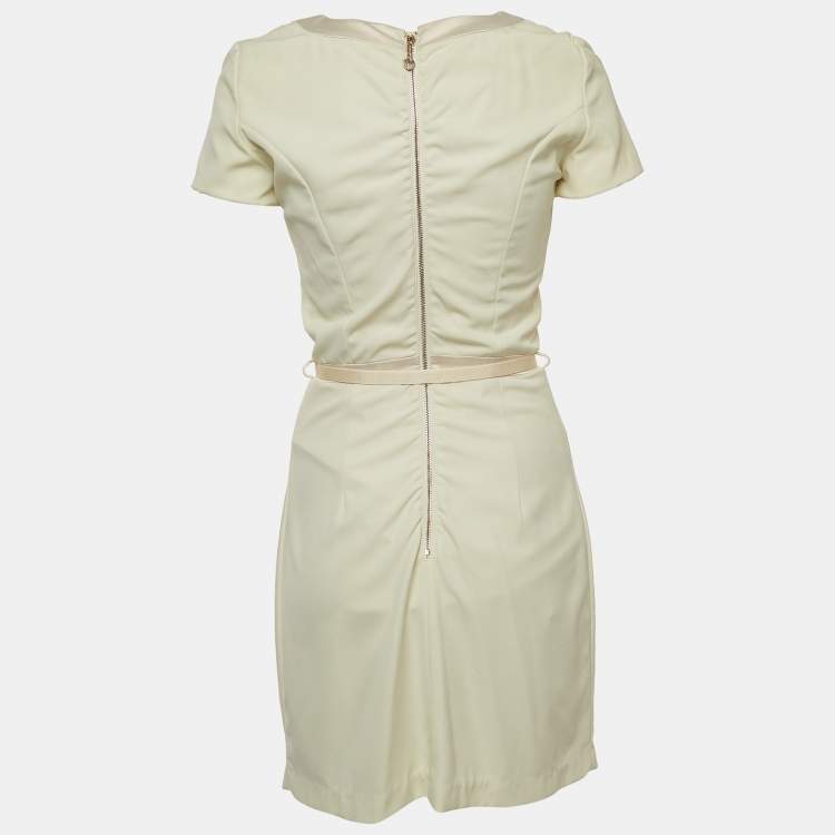 Pre Owned Elisabetta Franchi Cream Crepe Button Detail Belted Mini Dress S
