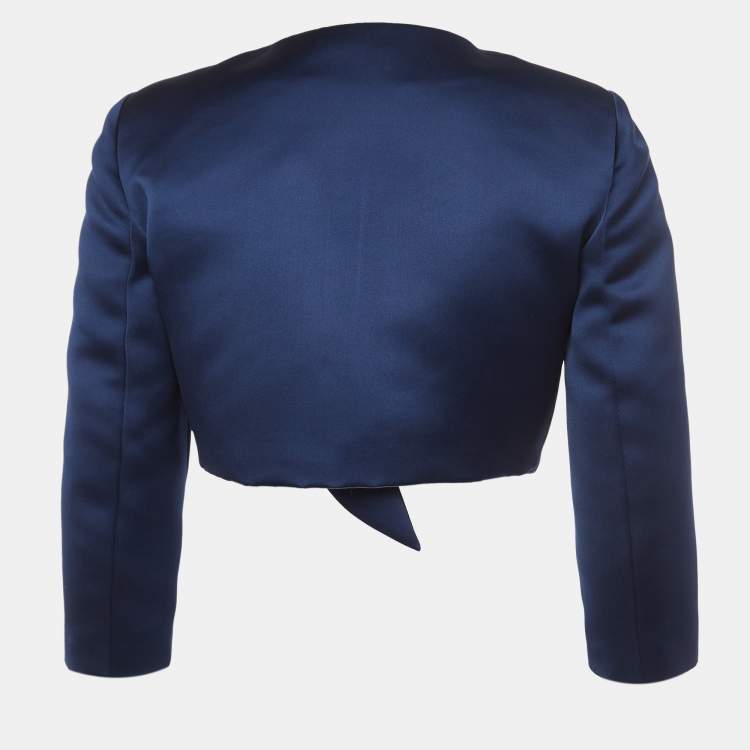Pre Owned Elisabetta Franchi Navy Blue Satin Draped Cropped Jacket S