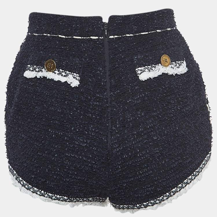 Pre Owned Elisabetta Franchi Navy Blue Tweed Fringed Mini Shorts S