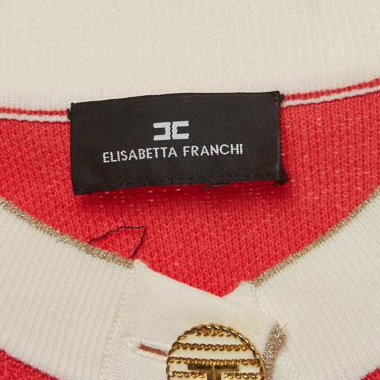 Pre Owned Elisabetta Franchi Coral Pink Knit Buttoned Half Sleeve Top M