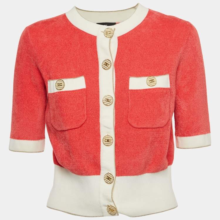 Pre Owned Elisabetta Franchi Coral Pink Knit Buttoned Half Sleeve Top M