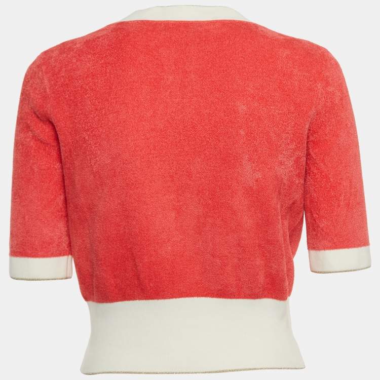 Pre Owned Elisabetta Franchi Coral Pink Knit Buttoned Half Sleeve Top M
