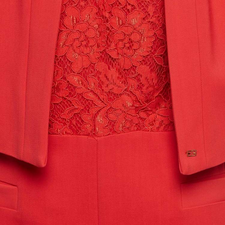 Pre Owned Elisabetta Franchi Coral Pink Lace & Crepe Mini Dress M