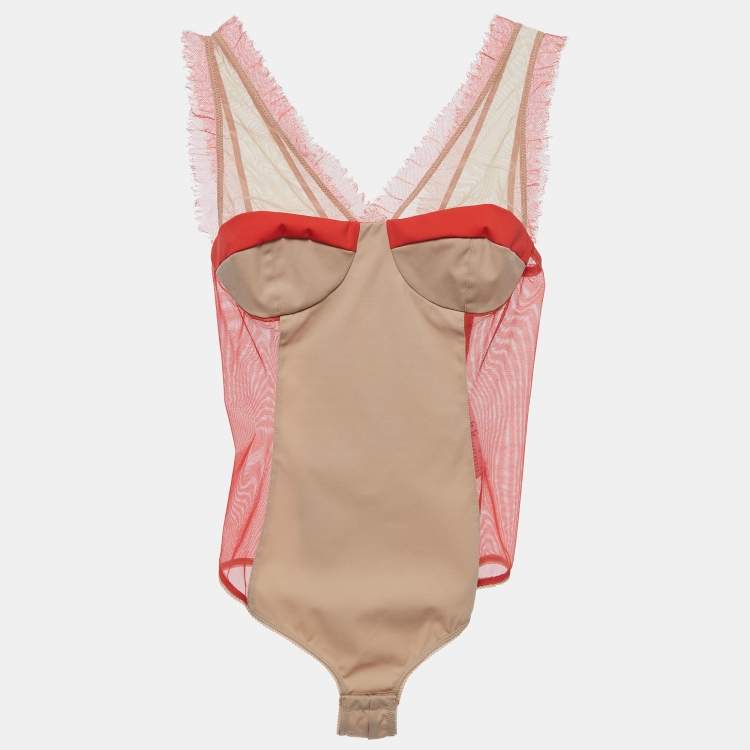 Elisabetta Franchi Beige/Coral Pink Stretch Knit Sleeveless Bodysuit M  Elisabetta Franchi