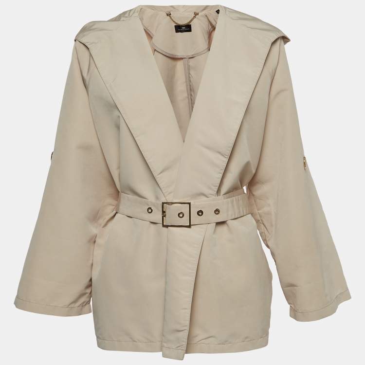 Pre Owned Elisabetta Franchi Beige Synthetic Open Front Belted Short Coat M