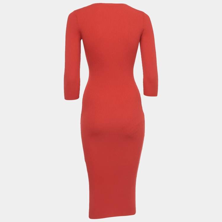 Pre Owned Elisabetta Franchi Red Ribbed Knit Midi Dress S