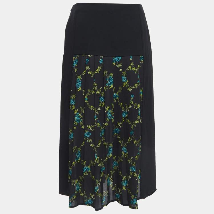 Pre Owned Elisabetta Franchi Black Floral Print Crepe Pleated Semi Sheer Midi Skirt S