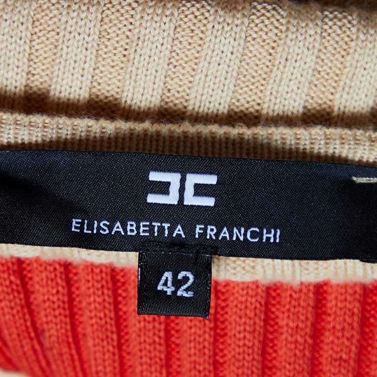Pre Owned Elisabetta Franchi Beige Striped Knit Open Front Cardigan M
