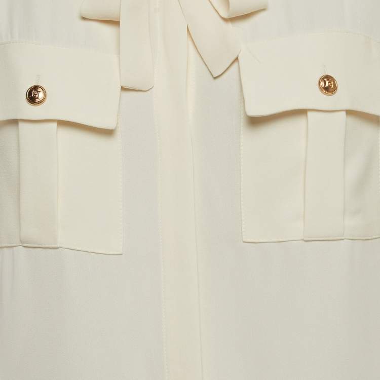 Pre Owned Elisabetta Franchi Ivory White Crepe Safari Shirt M