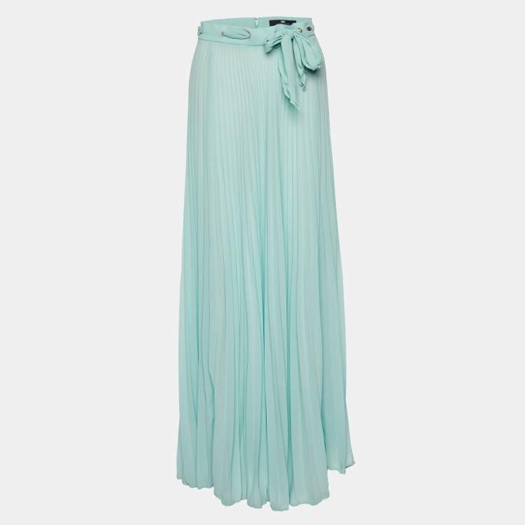 Pre Owned Elisabetta Franchi Green Crepe Pleated Maxi Skirt M